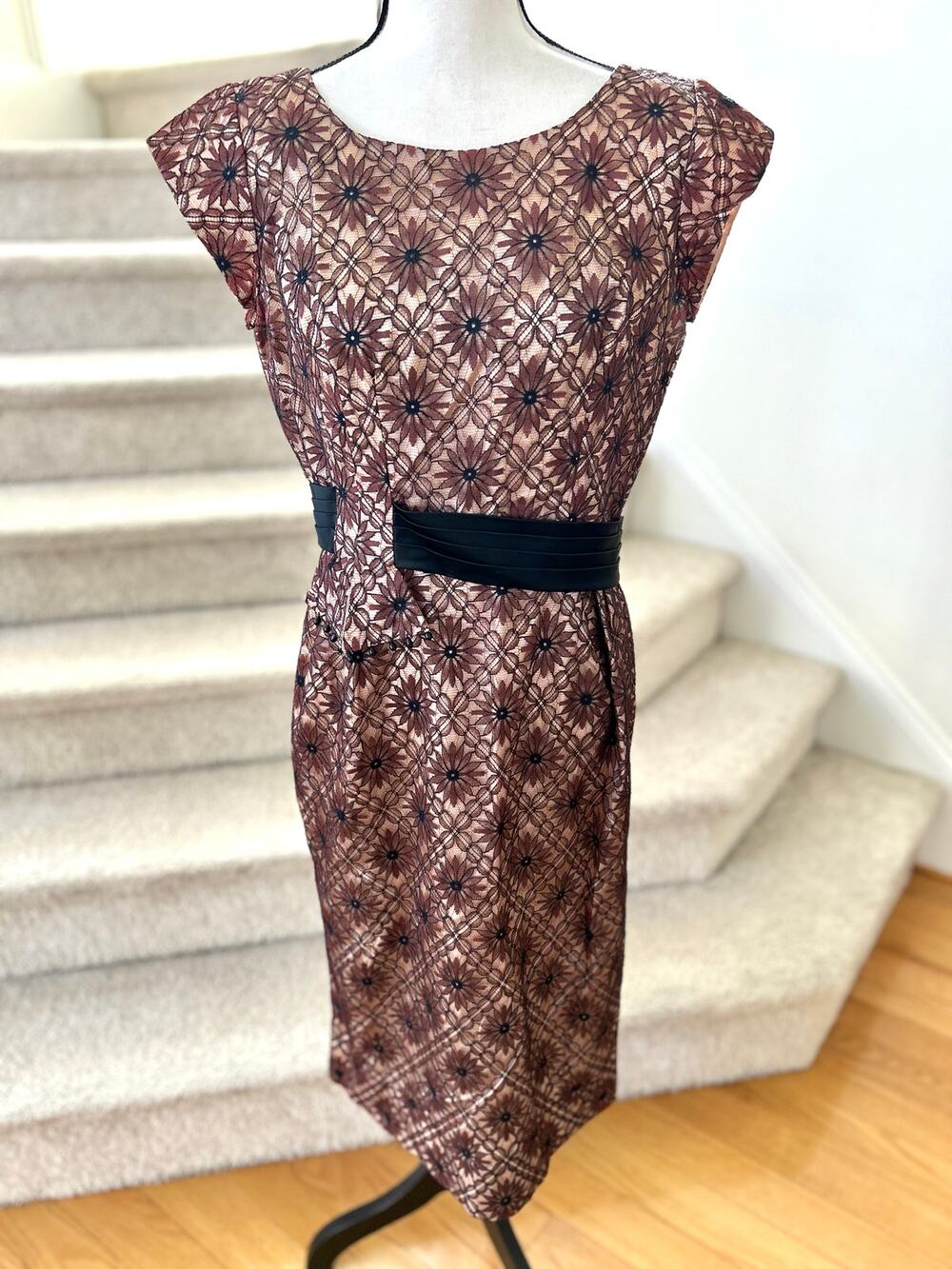 Vintage Brown Lace 50s 60s Black Band Sheath Dress